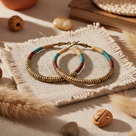 🆕 Handmade Colorblock Golden Beaded Hoops Indian Artisan Boho Chic Trendy Style - Picture 1 of 13